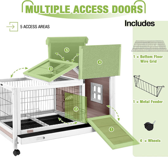 MEDEHOO Rabbit Hutch Indoor and Outdoor, Wooden Rabbit Cage with Wheels, Mobile Bunny House with Leakproof Tray and Removable Wire Floor, Guinea Pig Cage with Run (Brown) RA24-B-2DML-WM
