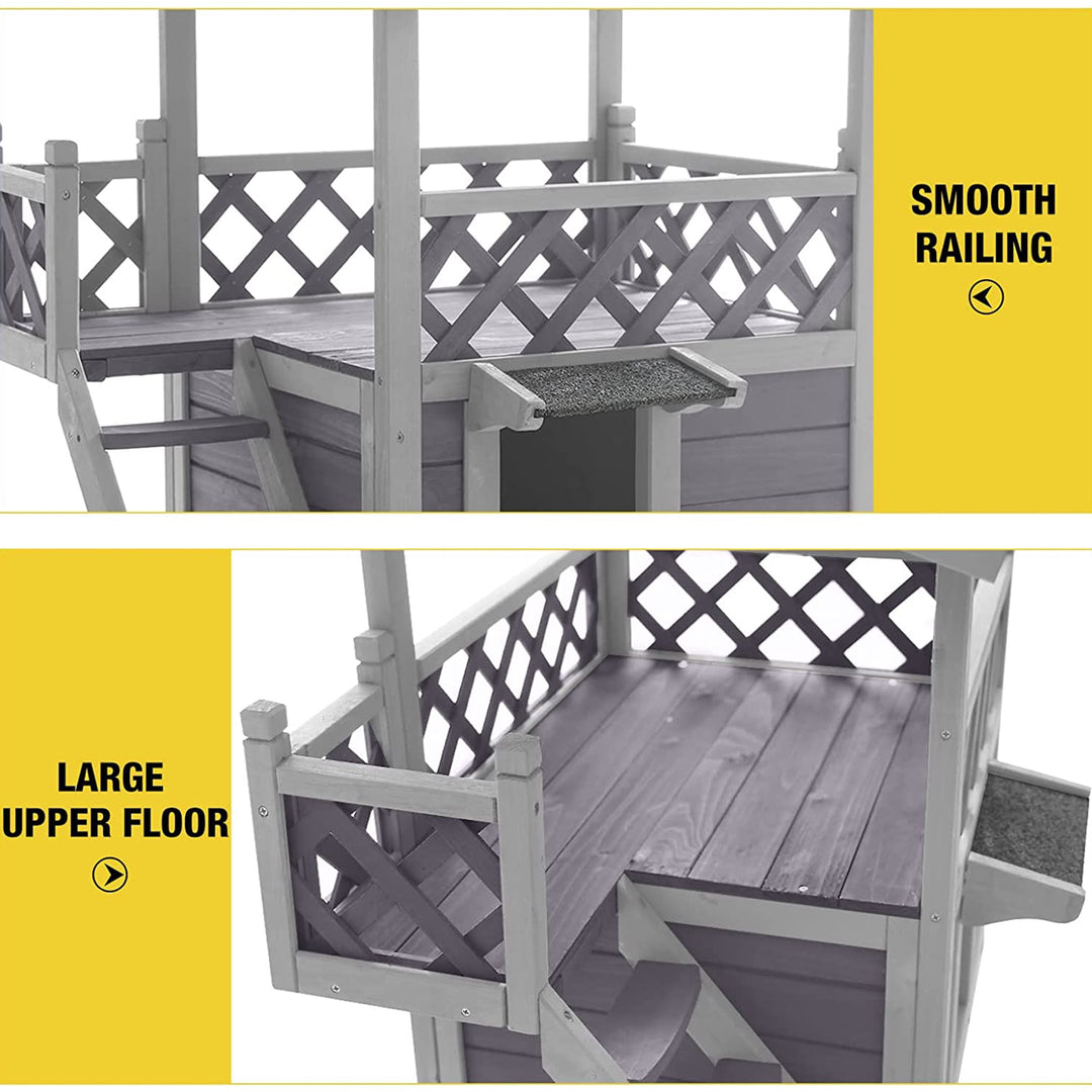 MEDEHOO Wood Cat House with Balcony, Outdoor Indoor Kitty Shelter with Stairs