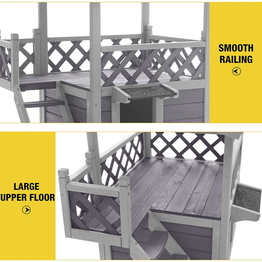 MEDEHOO Wood Cat House with Balcony, Outdoor Indoor Kitty Shelter with Stairs