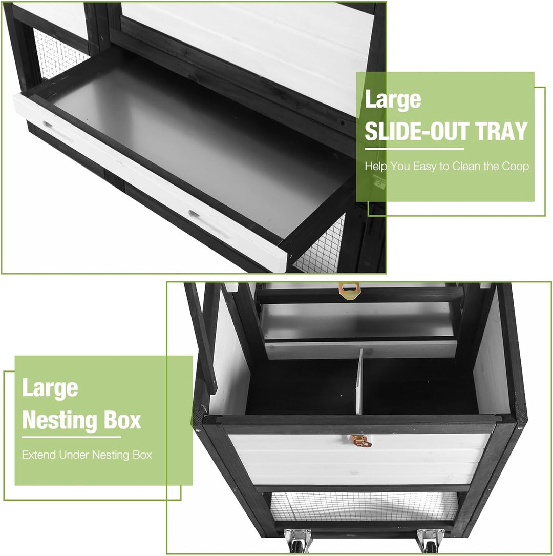 MEDEHOO Mobile Chicken Coop with Wheels for 2-4 Chickens, Expandable Wooden Hen House with Divided Nesting Box, Reinforced Coop Balcony, Roosting Perch, Metal Pull-Out Tray, 82.4" L (Black ＆ White)