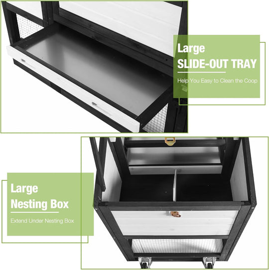 MEDEHOO Mobile Chicken Coop with Wheels for 2-4 Chickens, Expandable Wooden Hen House with Divided Nesting Box, Reinforced Coop Balcony, Roosting Perch, Metal Pull-Out Tray, 82.4" L (Black ＆ White)