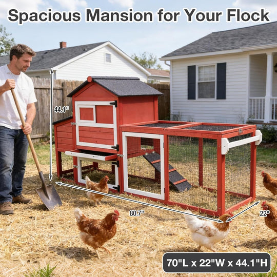 MEDEHOO Mobile Chicken Coop with Wheels, Wooden Chicken Coop with Nesting Box &amp; Removable Tray, Easy-Clean Outdoor Chicken House Duck House for 2–3 Chickens (Red) AIR72-R-D14-WM