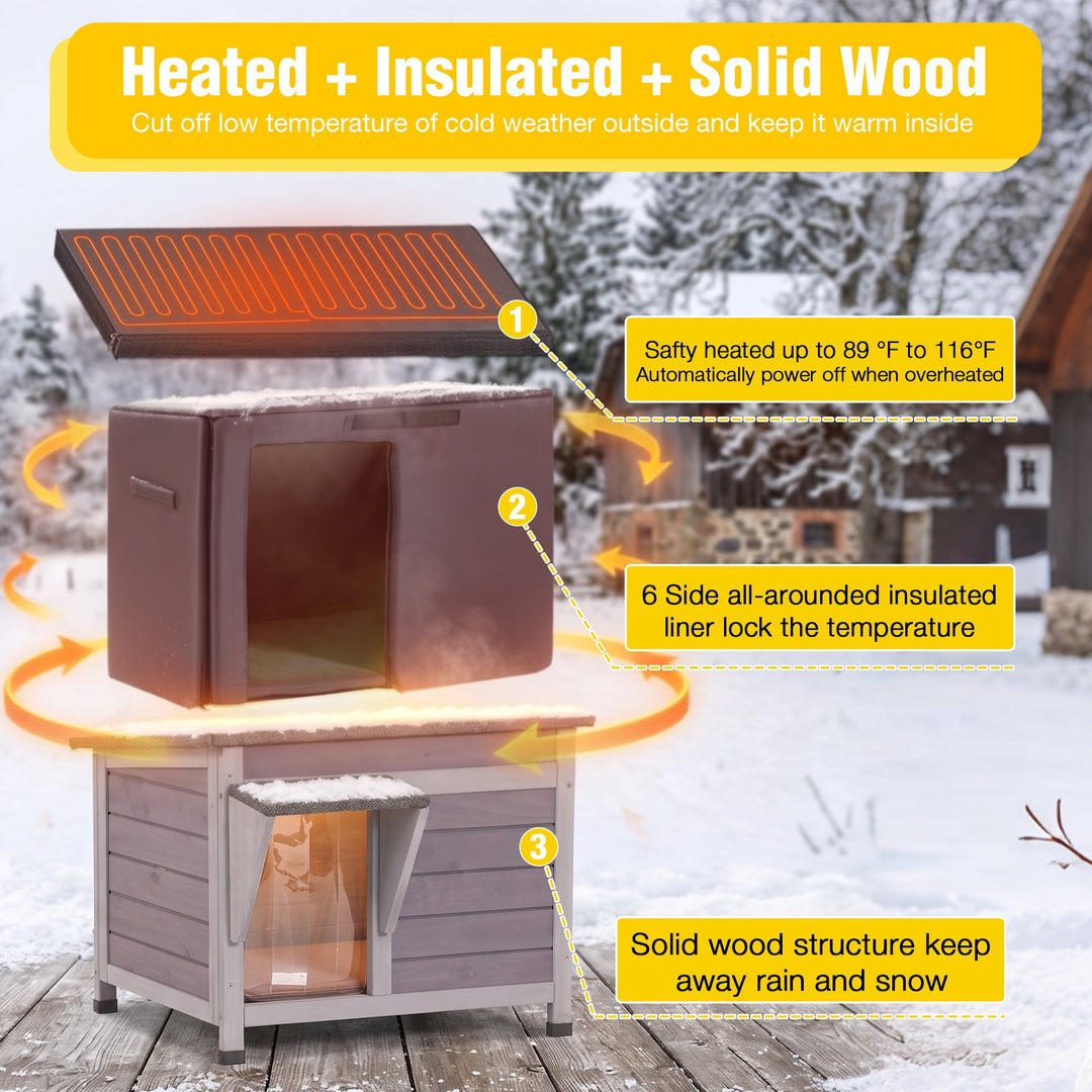MEDEHOO Heated Outdoor Cat House with Heating Pad and Washable Insulated Liner, Wooden Shelter for 1–2 Cats AIR12-HP-WFS-GE