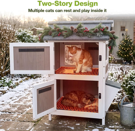 MEDEHOO Heated Outdoor Cat House for Outside Weatherproof Feral Cat Shelter for Winter with Heater and Insulated Liner Two Story, Brown GUT94-WBR-HP-WM