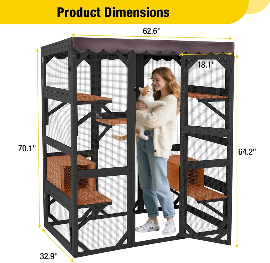 MEDEHOO Catio Outdoor Cat Enclosure Large Wooden Cat Cage Condo Playpen for Multiple Cats Waterproof Cover for Indoor Outdoor (Black)