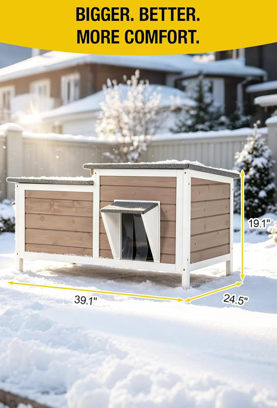MEDEHOO Large Heated Cat House with Liner, Weatherproof Cat Shelter, Outdoor Insulated Windproof Feral Cat Shelter with Heating Pad, Chewproof Cable, Escape Door for 2-4 Cats in Winter, Brown