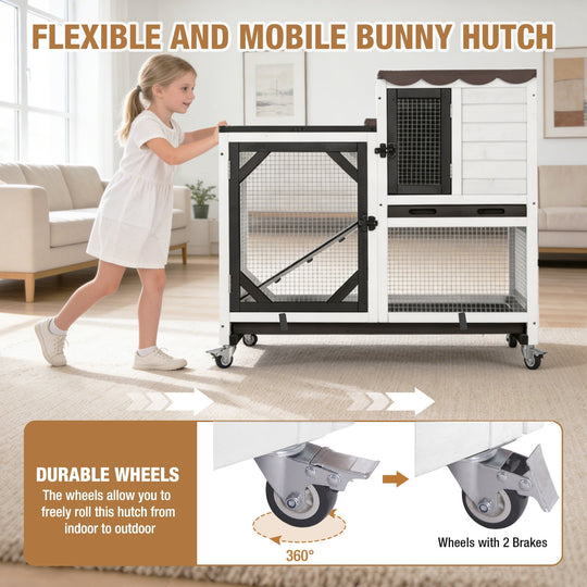 MEDEHOO 39" 2-Story Rabbit Hutch, Wooden Bunny Cage with Chew-Proof Ramp, 2 Leak-Proof Pull-Out Trays and Lockable Wheels for Guinea Pigs &amp; Small Pets, Black&amp;White