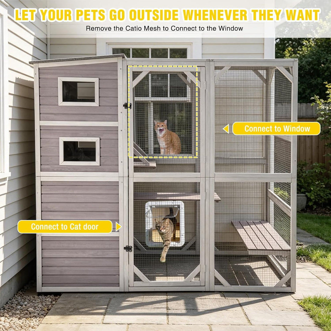 Catio Cat Enclosure Large Window Cat House for Outdoor Cats, 69.3" H Walk-in Kitty Cage Cat House with Weatherproof Roof, 3 Resting Rooms, 3 Platforms &amp; Windows - Grey AIR54-M