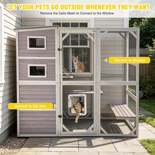 Catio Cat Enclosure Large Window Cat House for Outdoor Cats, 69.3" H Walk-in Kitty Cage Cat House with Weatherproof Roof, 3 Resting Rooms, 3 Platforms &amp; Windows - Grey AIR54-M