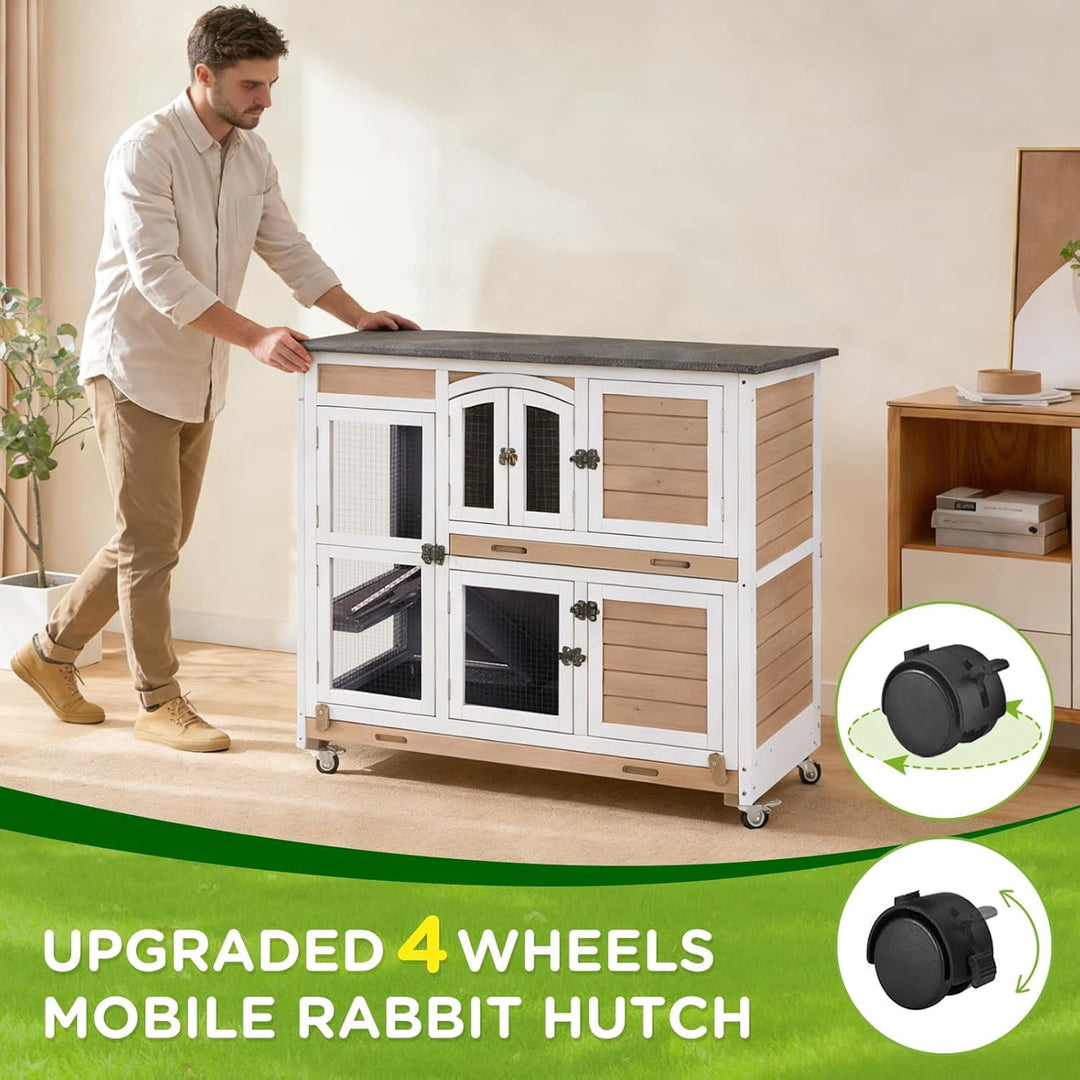 MEDEHOO 47" Two Story Rabbit Hutch with Wheels, Indoor Outdoor Rabbit Cage with Wheels &amp; Leak-Proof Trays for Rabbits, Guinea Pigs(Brown) AIR06-D-E-WM