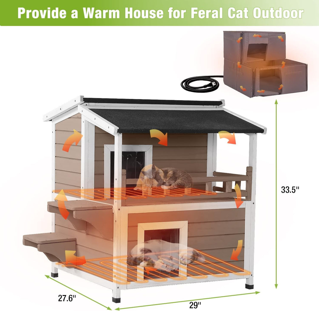 MEDEHOO Heated Cat House Outdoor 2 Story Insulated Liner Feral Cat Shelter Weatherproof for Outside with Heated Pad（Brown）