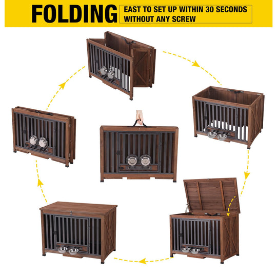 MEDEHOO Folding Dog Crate Furniture Portable Metal Dog Kennel with Bowls &amp; Tray, Dog Crate for Small &amp; Medium Dogs with Opening Roof, Brown