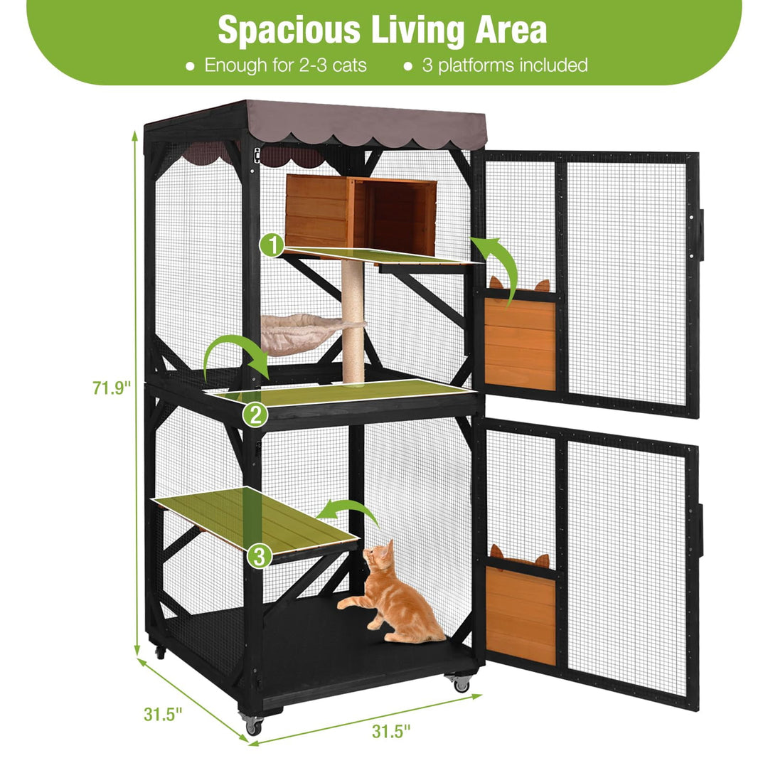 MEDEHOO Catio Outdoor Cat Enclosure on Wheels - Outside Kitty House with Upgraded Resting Box, PVC Layer, and Waterproof Roof - 71.9"