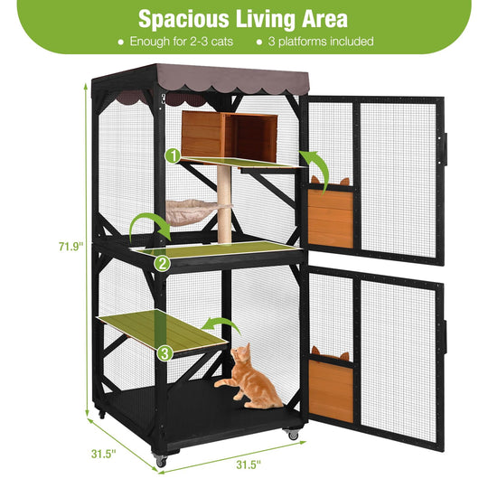 MEDEHOO Catio Outdoor Cat Enclosure on Wheels - Outside Kitty House with Upgraded Resting Box, PVC Layer, and Waterproof Roof - 71.9"