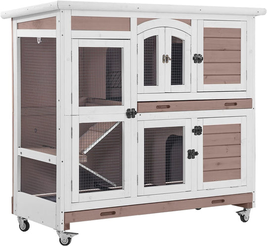 MEDEHOO Large Rabbit Hutch Wooden Bunny Cage Indoor with Chew-Proof Ramp, 2-Story Guinea Pig Cages with Casters, Pull-Out Trays for Rabbits, Guinea Pigs, 47.2" L x 19.7" W x 42.1" H RH-AIR06-D-MA-WM
