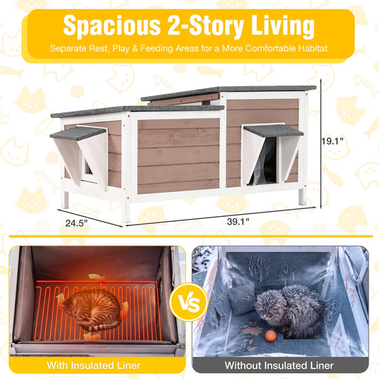 MEDEHOO 39" Heated Outdoor Cat House, Large Weatherproof Feral Cat Shelter for Winter with Safe Electric Heat Mat, 6-Side Insulated Liner and Escape Door for 1-4 Cats, Light Brown