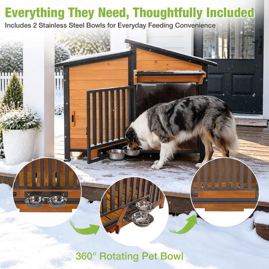 MEDEHOO Large Heated Dog House Outdoor Insulated Dog Kennel Weatherproof with Safe Heating Pad, Chew-Proof Metal Frame, Rotatable Spill-Proof Bowl for Large Dog Breeds, 39.7" L x 25.5" W x32.2 H