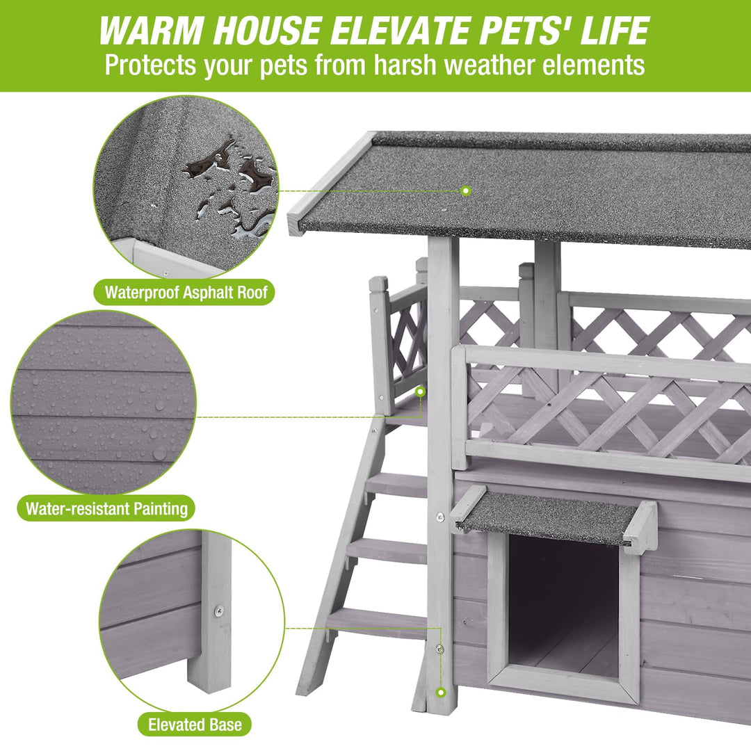 BUTINGLALE Cat House Outdoor Weatheproof Feral Cat Shelter Wooden Cat Condos for Winter Large Balcony AIR09-N1