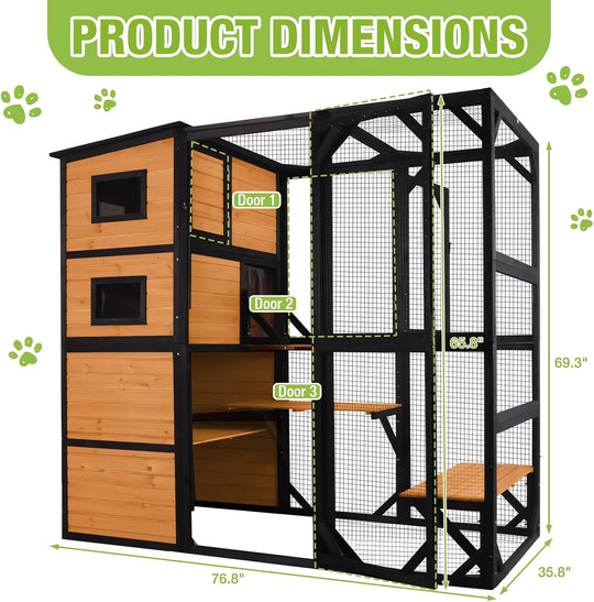 MEDEHOO 77" Large Catio Cat Enclosure for Outdoor, Weatherproof Window Catio with Roof, with 4 Resting Platforms, Indestructible Feral Cat Shelter for Backyard