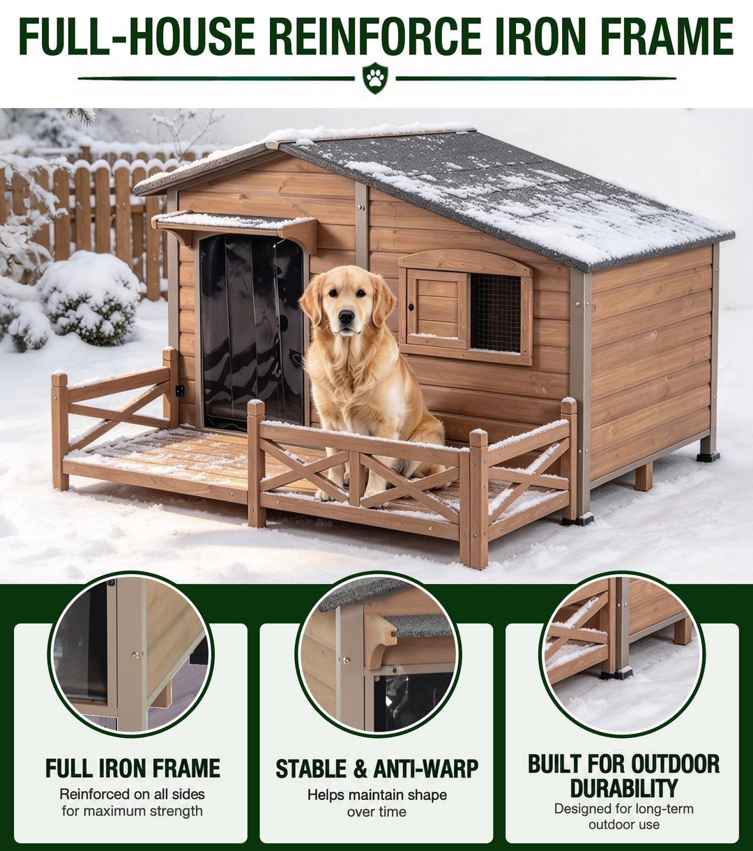 MEDEHOO Extra Large Heated Dog House for Outside with Iron Frame Camel with Reinforced Iron Frame Safety XXL Wooden Dog Kennel with Openable Roof for Outside Large Dogs Camel AIR7024-L-CG-IN-HP-2-L2-AD-WM
