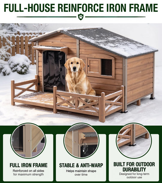 MEDEHOO Extra Large Heated Dog House for Outside with Iron Frame Camel with Reinforced Iron Frame Safety XXL Wooden Dog Kennel with Openable Roof for Outside Large Dogs Camel AIR7024-L-CG-IN-HP-2-L2-AD-WM
