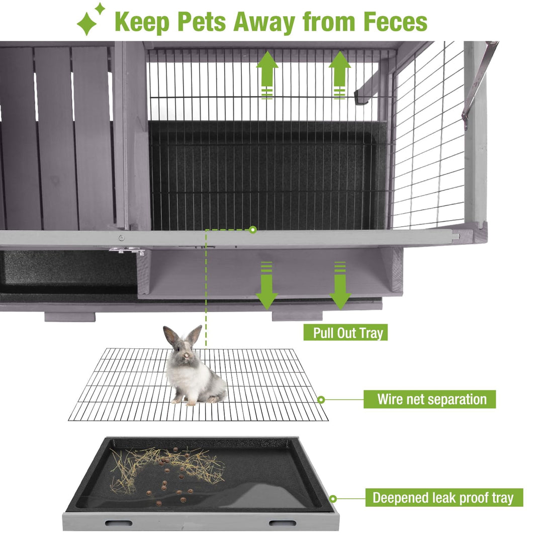 BUTINGLALE Guinea Pig Cage Indoor Wooden Rabbit Hutch with Metal Floor Grid and Removable Tray for Easy Cleaning, Bunny Cages Outdoor Waterproof Roof and Elevated Legs AIR01-B-N