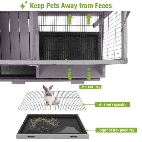 BUTINGLALE Guinea Pig Cage Indoor Wooden Rabbit Hutch with Metal Floor Grid and Removable Tray for Easy Cleaning, Bunny Cages Outdoor Waterproof Roof and Elevated Legs AIR01-B-N