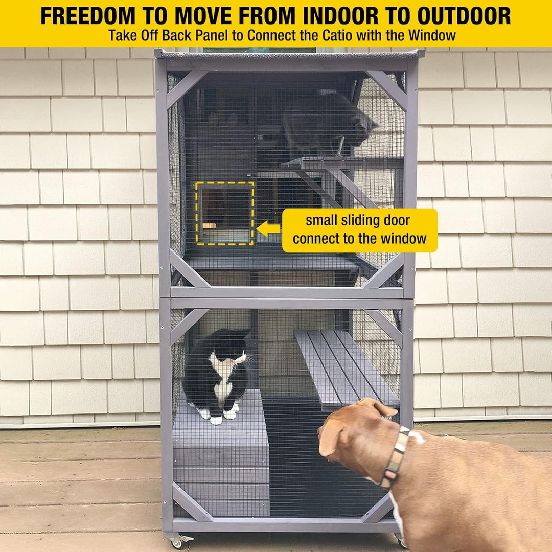 MEDEHOO Catio Outdoor Cat House Wooden Cat Enclosure Resting Box with 3 Platforms, 71 inch Kitten Condo Pets Cage, Gray AIR22-WM