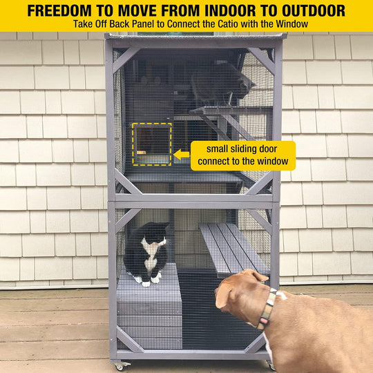 MEDEHOO Catio Outdoor Cat House Wooden Cat Enclosure Resting Box with 3 Platforms, 71 inch Kitten Condo Pets Cage, Gray AIR22-WM