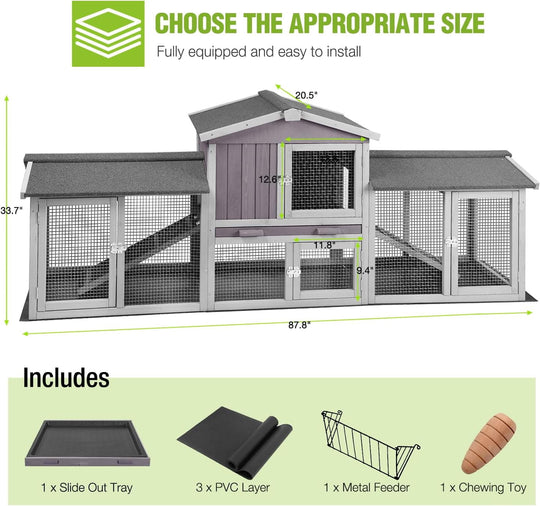 BUTINGLALE Rabbit Hutch Outdoor Large Chicken Coop with Cleaning Tray and Waterproof Roof Wooden Bunny Hutch PVC Floor Bottom for Small and Medium Bunny Rabbit Chick 87.8" L AIR04-B-A