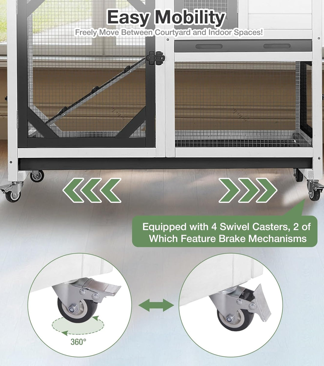 MEDEHOO Rabbit Hutch 2-Story Wooden Bunny Cage with 2 Leak-Proof Trays, Chew-Proof Metal Mesh Indoor &amp; Outdoor Guinea Pig House with Wheels - Black AIR7013-BW-AD-WM