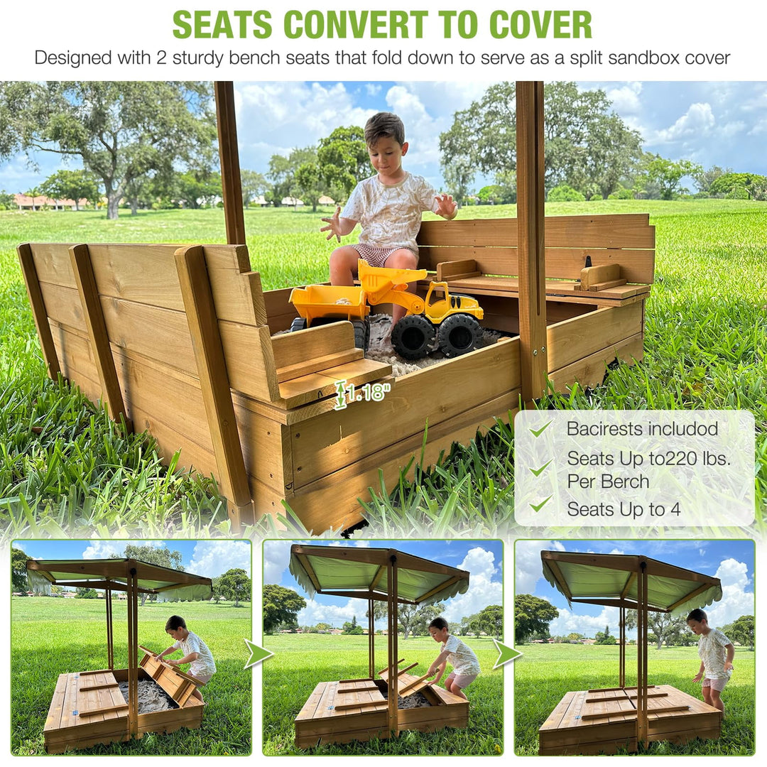 Sandbox with Lid and Cover for Kids Outdoor with 2 Foldable Bench Seats, Adjustable Canopy and Sand Protection Liner, 47.2" L x 47.2" W x 51.9" H GUT05-N