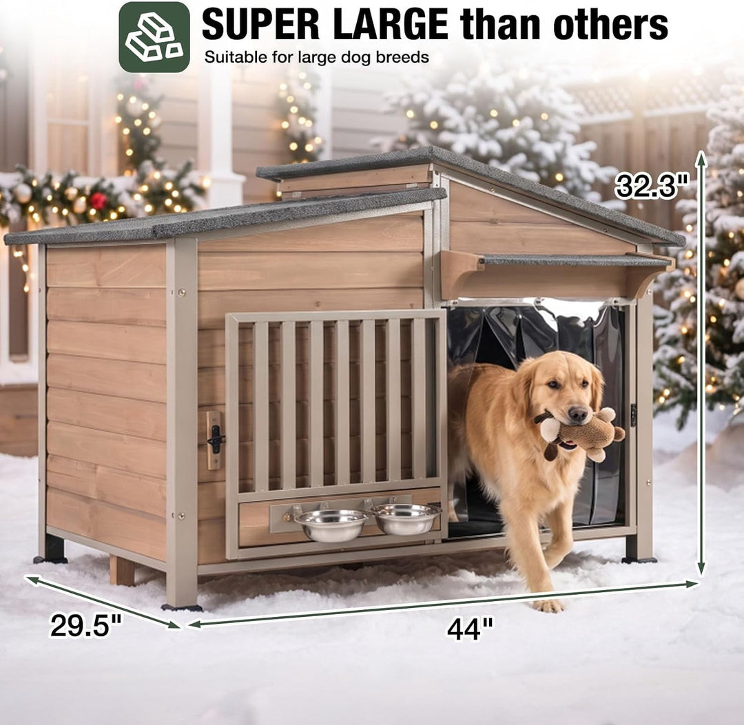 MEDEHOO 44" Heated Dog House with Heavy-Duty Steel Frame, Heated Pad and 6-Sided Insulation, Outdoor Dog Shelter AIR7021-B-IN-HP-WM