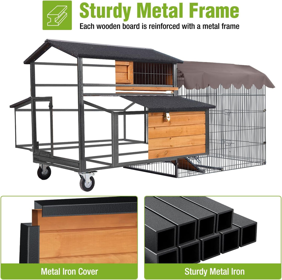 MEDEHOO Mobile Chicken Coop with All Arounded Metal Frame Large Hen House with Super Large Wheels for 6–8 Chickens, 6 Nesting Boxes, Metal Run, 76.7" L AIR7019-A-WM