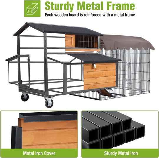 MEDEHOO Mobile Chicken Coop with All Arounded Metal Frame Large Hen House with Super Large Wheels for 6–8 Chickens, 6 Nesting Boxes, Metal Run, 76.7" L AIR7019-A-WM