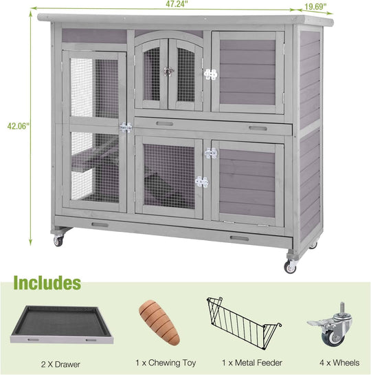 MEDEHOO 47" Rabbit Hutch Indoor Outdoor Bunny Cage on Wheel Bunny House with Tray