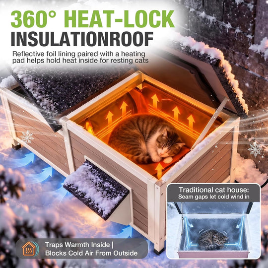 MEDEHOO Heated Cat House Outdoor Cat House Insulated Large Weatherproof Feral Cat Shelter with Heated Pad, Insulated All-Round Thermal Liner, Chewproof Cable for 1-4 Cats AIR93-WBR-HP-MA-WM