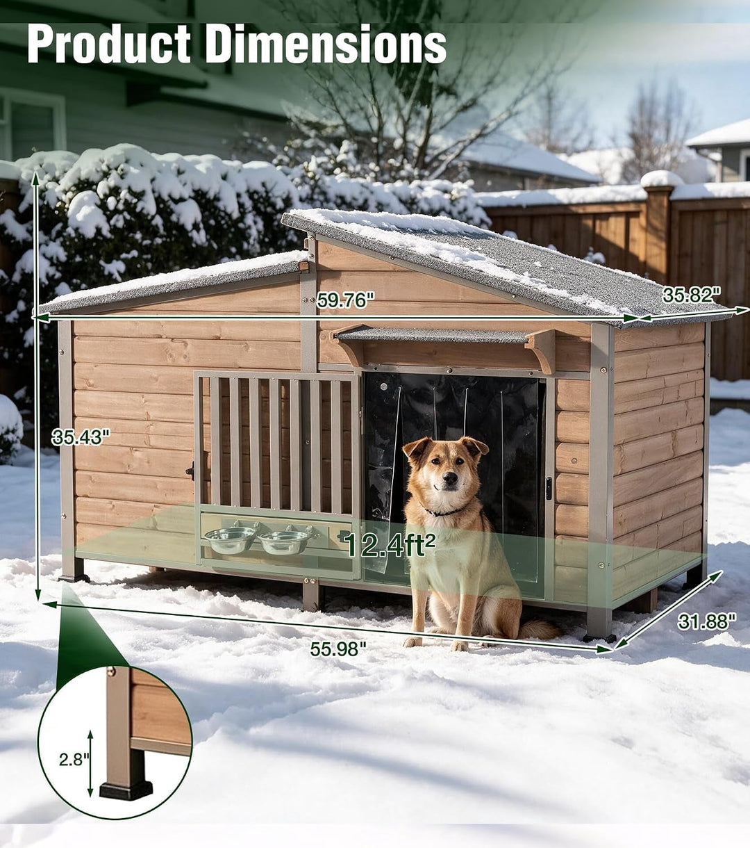 MEDEHOO Extra Large Heated Dog House Outdoor, 60" Insulated Kennel with Chew-Proof Metal Frame &amp; Rotating Bowls AIR7021-L-CG-HP-2-AD