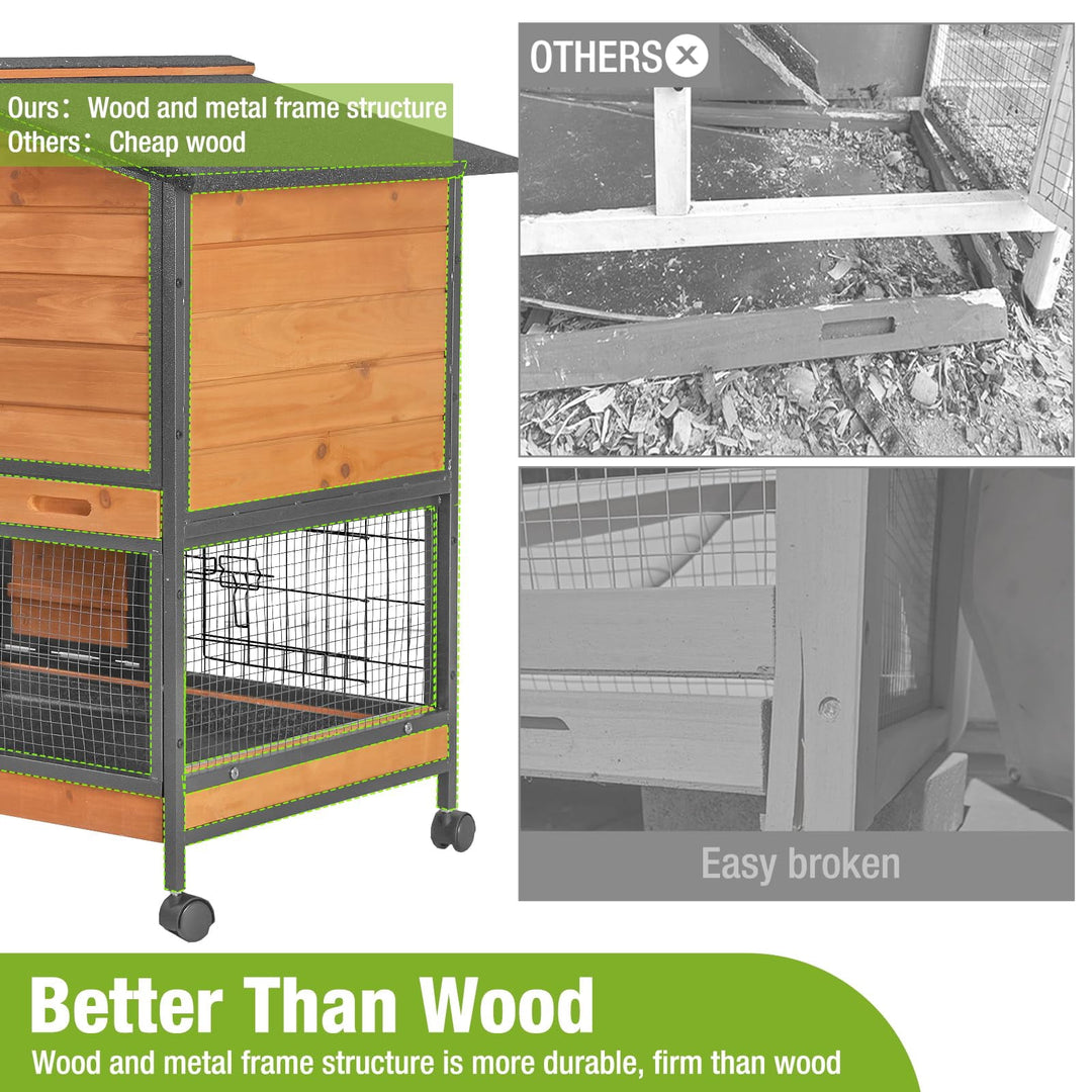 MEDEHOO Rabbit Hutch with Chew-Resistant Metal Frame Indoor Bunny Cage Outdoor Rabbit Cage with Wheels and Leakproof Tray AIR19-X-N