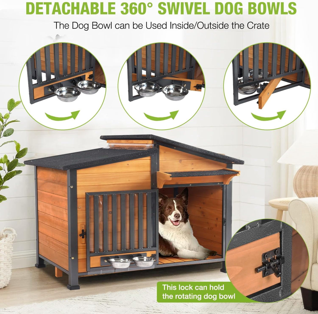 MEDEHOO Dog House Outdoor with Bowls Weatherproof Dog Kennel with Anti-Chewing Iron Frame Dog Shelter for Small Medium Dogs AIR7021-WM2