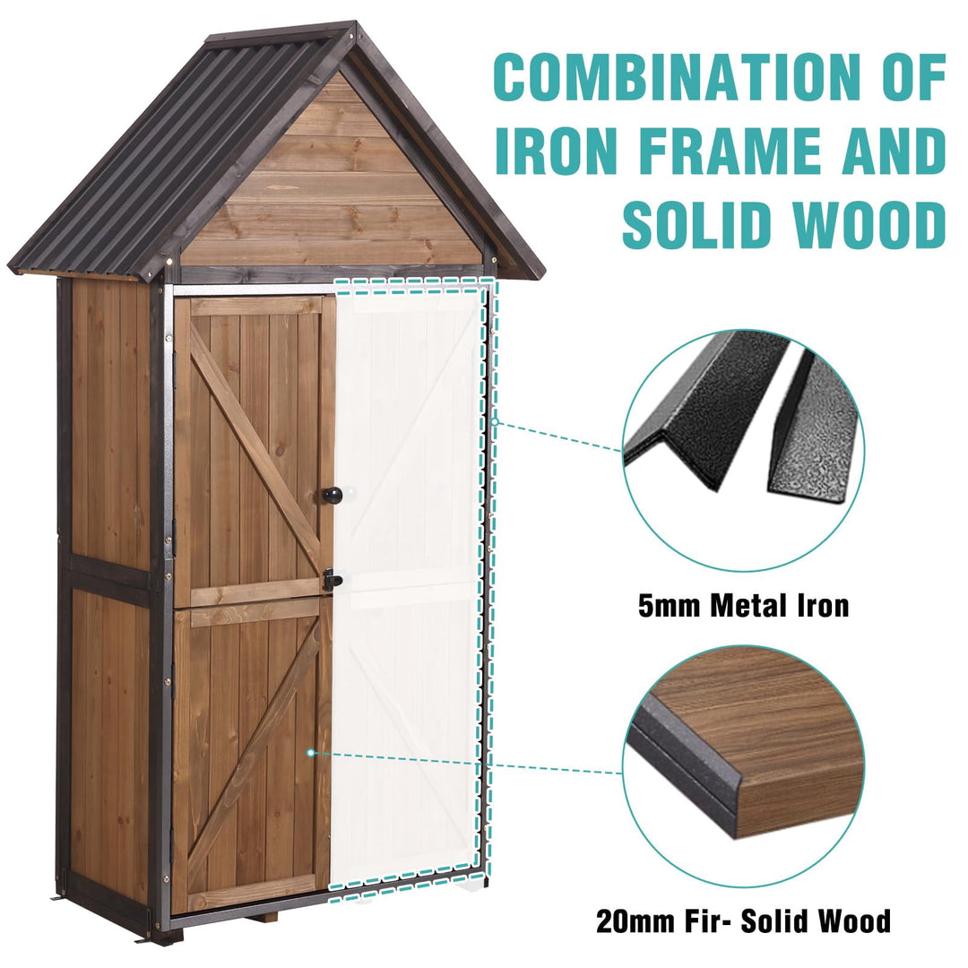 MEDEHOO Shed Outdoor Storage, Outdoor Storage Cabinet with Metal Frame &amp; Adjustable Shelves, Weatherproof Tool Shed for Backyard Patio Lawn, Brown AIR7004-A11-WM