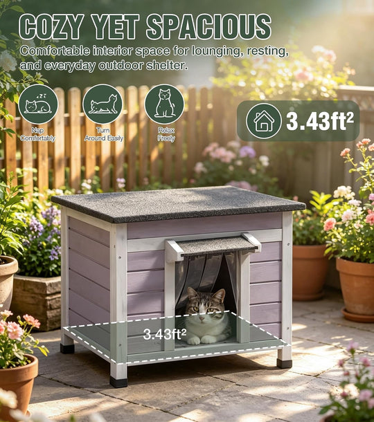 MEDEHOO 24" Outdoor Cat House Weatherproof Cat Shelter, Asphalt Roof, PVC Curtain, Openable Top, Raised Base for Outdoor Cats AIR12-B-MA-WM