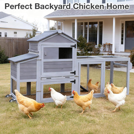MEDEHOO Mobile Wooden Chicken Coop with Wheels, Large Chicken House with Nesting Box &amp; Removable Tray Outdoor Hen House (Grey, 45.3”L×26.8”W×35.4”H) AIR72-D14-WM