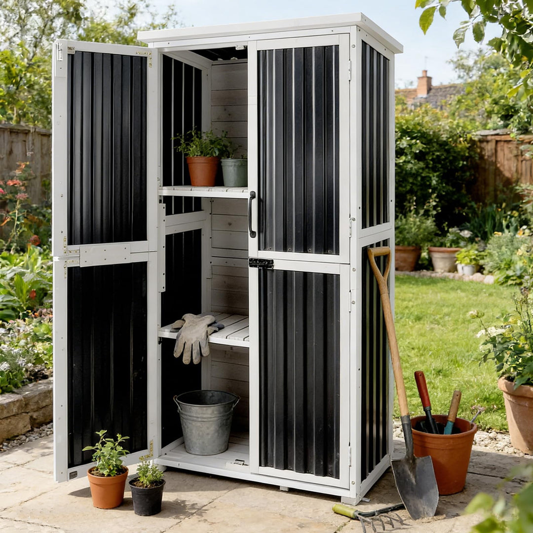 MEDEHOO Outdoor Storage Cabinet with Adjustable Shelves, Metal Frame, Waterproof Storage Shed with Floor for Garden Tools, Black