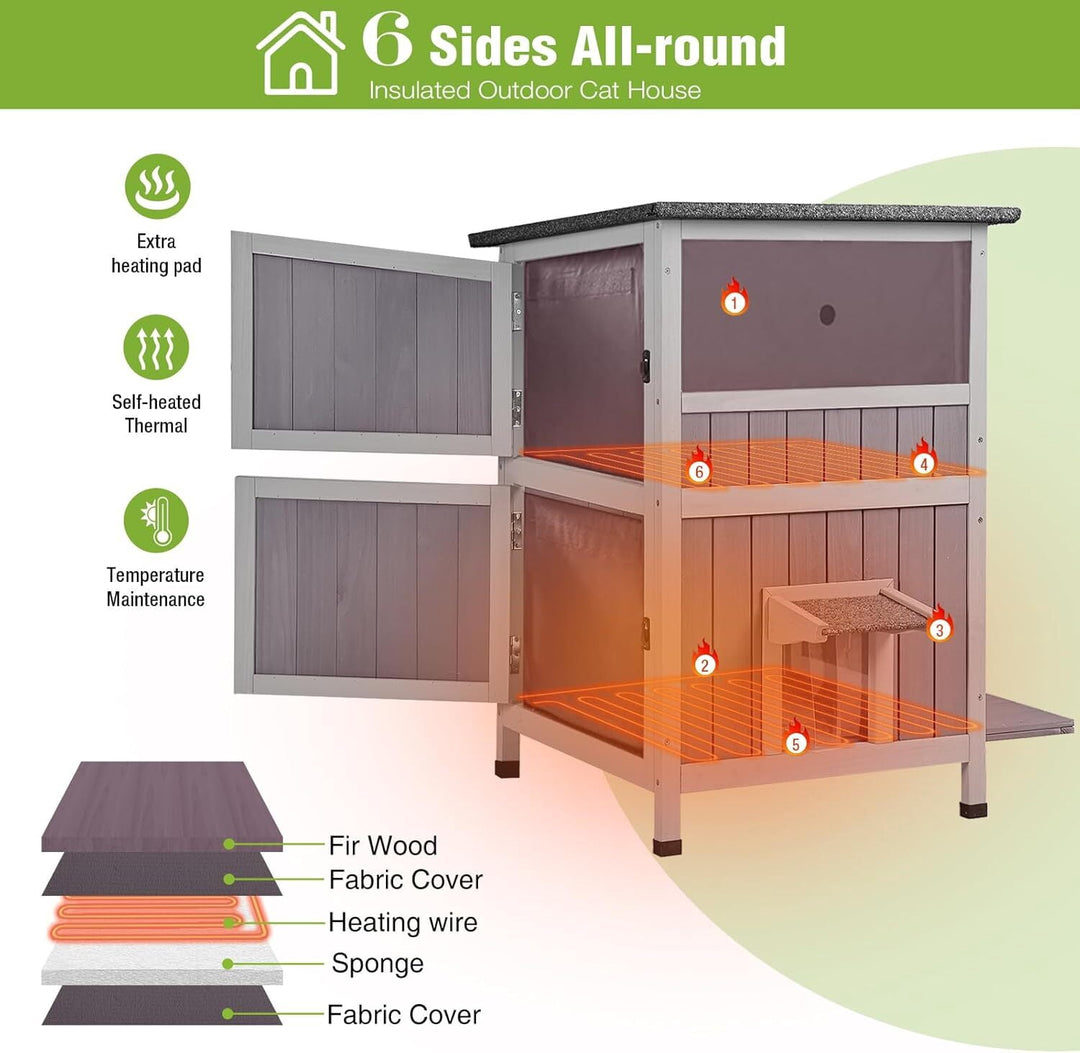 MEDEHOO 2-Story Heated Cat House Large Outdoor Insulated Cat House Weatherproof Feral Cat Shelter with Heated Pad Insulated Thermal Liner for 1-4 Cats