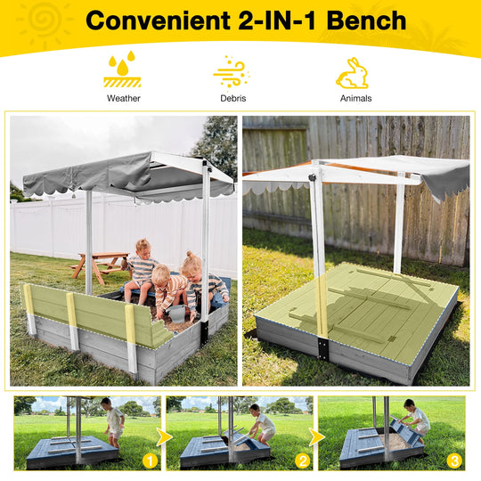MEDEHOO Outdoor Sandbox with Cover &amp; Adjustable Canopy, Kids Sand Box with 2-IN-1 Foldable Seats, Blue