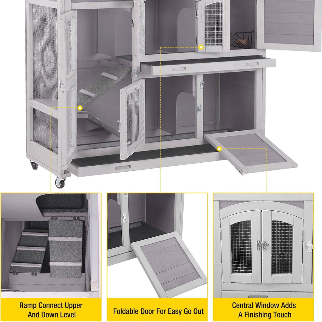 MEDEHOO Bunny Cage Rabbit Hutch Indoor Rabbit House with Wheels Outdoor Guinea Pig House with Two Plastic Tray
