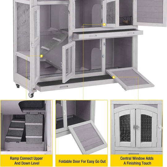MEDEHOO Bunny Cage Rabbit Hutch Indoor Rabbit House with Wheels Outdoor Guinea Pig House with Two Plastic Tray