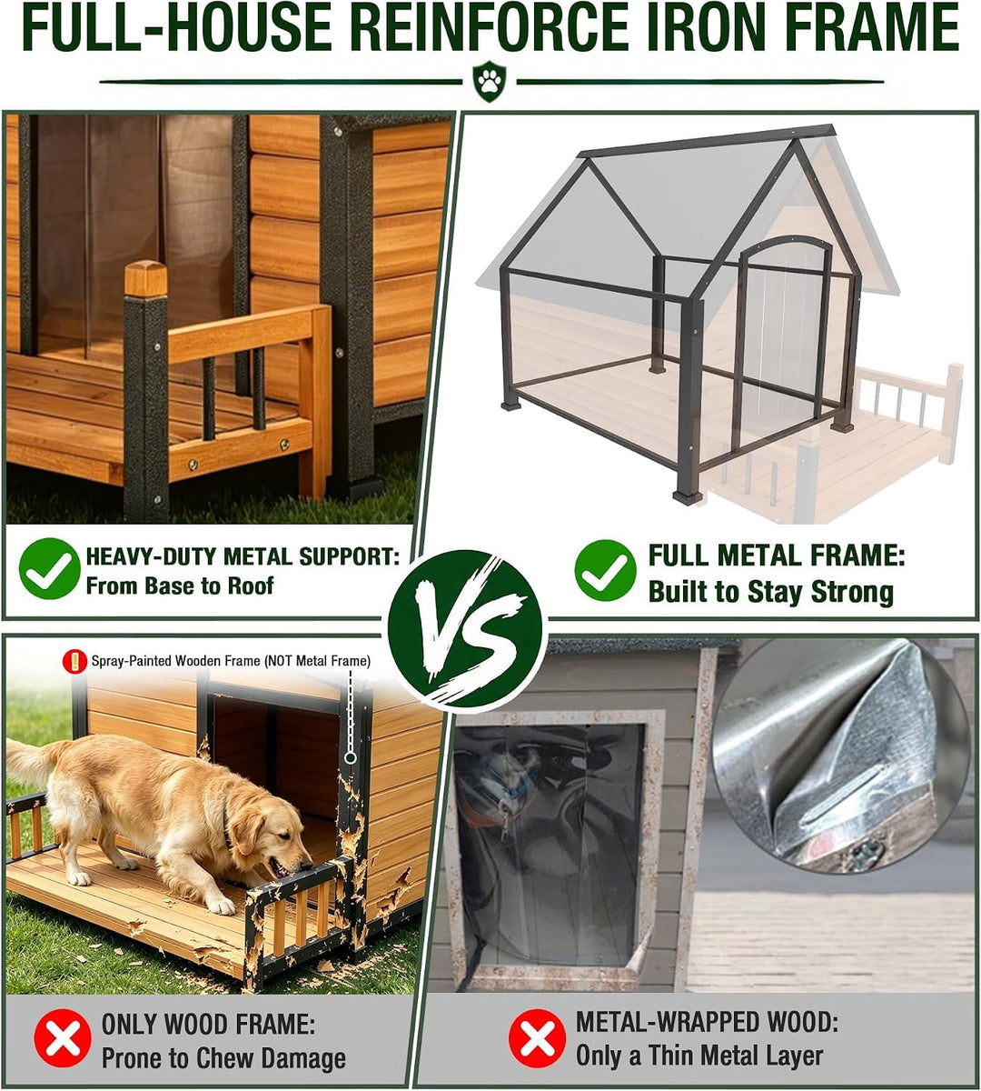 MEDEHOO Woodden Dog House with Proch, Weatherproof Outdoor Kennel Chew-Resistant Iron Frame &amp; Asphalt Roof for Outdoor for Small &amp; Medium Dog Breeds
