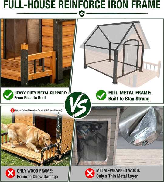 MEDEHOO Woodden Dog House with Proch, Weatherproof Outdoor Kennel Chew-Resistant Iron Frame &amp; Asphalt Roof for Outdoor for Small &amp; Medium Dog Breeds